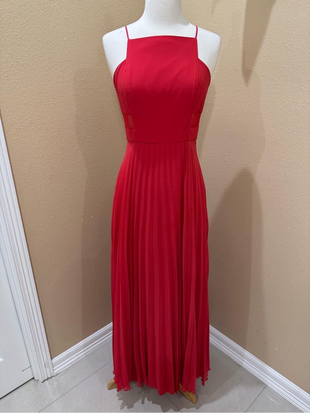 BCBGeneration Red Pleated Maxi Dress with Square Neck